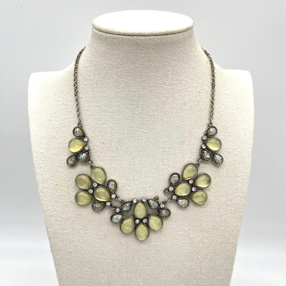 Antiqued Silver Tone Yellow Green Teardrop Gem Statement Necklace